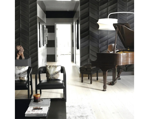 Coussin mural Riviera noir aspect velours 30 x 15 cm gauche Photo d''intérieur d''un salon avec piano, fauteuils et panneaux muraux décoratifs en forme de flèche