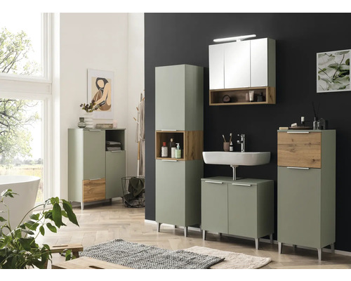 Ensemble de salle de bains moderne avec lavabo, armoire de toilette et meubles de salle de bains dans un design clair