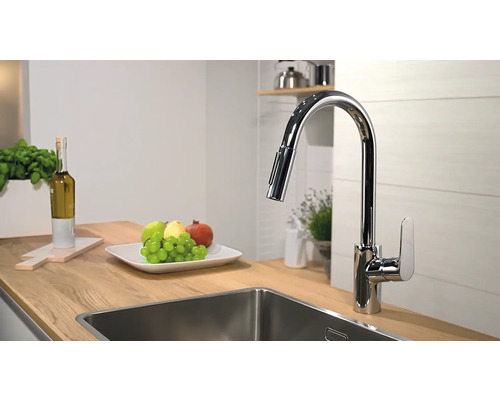 Küchenszene mit Spültischarmatur, Spülbecken und Obstschale auf einer Holzarbeitsplatte