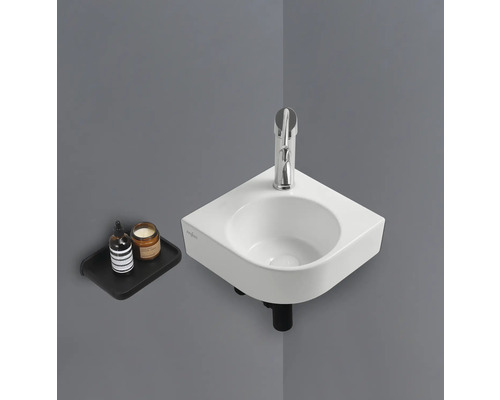 Vasque d''angle avec robinet et étagère pour accessoires de salle de bain