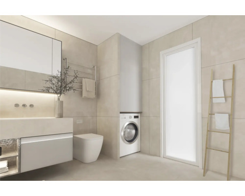 Modernes Badezimmer mit Waschbecken, Toilette, Waschmaschine und Handtuchhalter