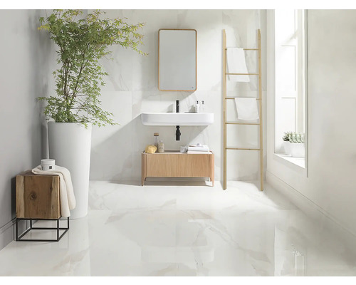 Helles Badezimmer mit Waschbecken, Spiegel, Handtuchleiter und Pflanze