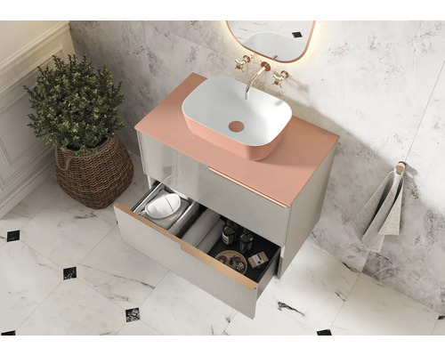 Salle de bains moderne avec meuble-lavabo, vasque à poser et système de tiroirs ouverts