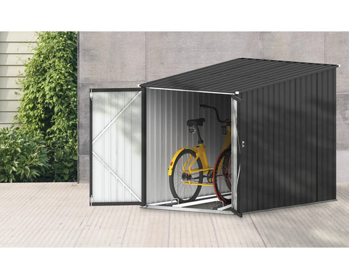 Garage à vélos en métal avec porte ouverte et deux vélos