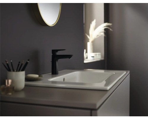 Modernes Badezimmerwaschbecken mit schwarzer Armatur, Spiegel und Dekoration für ein stilvolles Ambiente.