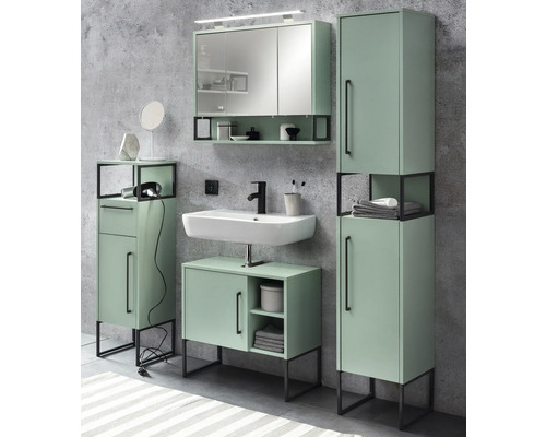 Ensemble de salle de bains moderne avec lavabo, armoire de toilette et armoire haute