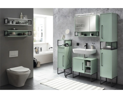 Salle de bains avec WC, lavabo, armoire de toilette et meubles de salle de bains au design moderne