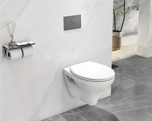 Salle de bains moderne avec WC suspendu, plaque de commande et porte-papier toilette avec étagère