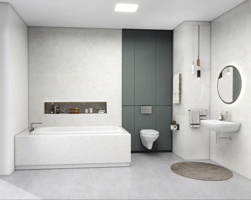 Salle de bain moderne avec baignoire, toilettes, lavabo et miroir