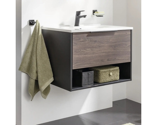 Meuble sous-lavabo avec tiroir, étagère, robinetterie et serviette