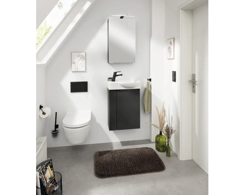 Badezimmer mit Toilette, Waschtisch, Spiegelschrank und Badteppich in einem hellen Raum