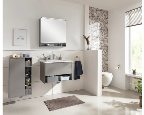 Salle de bain avec lavabo, armoire de toilette, armoire haute et toilettes au design lumineux