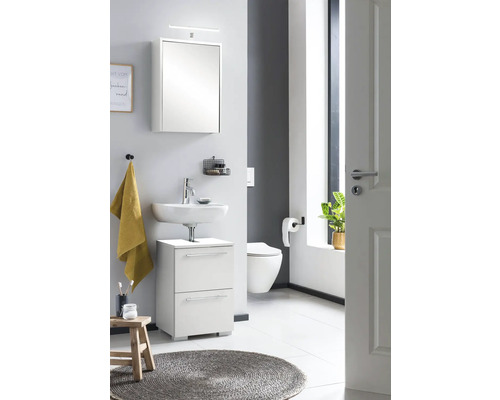 Salle de bain lumineuse avec meuble sous-lavabo, armoire de toilette et WC