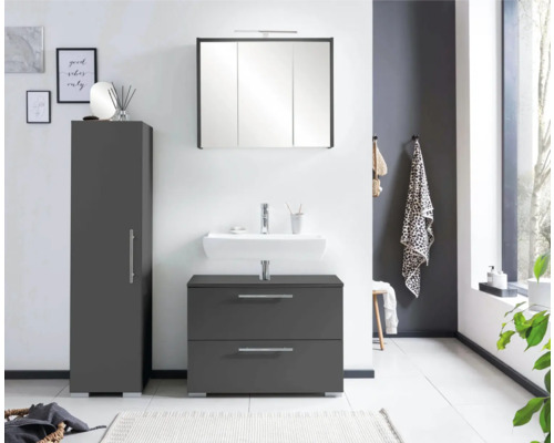 Ensemble de salle de bains moderne avec meuble sous-lavabo, armoire de toilette et armoire haute pour une salle de bains élégante.