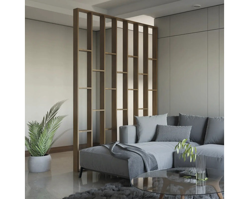 Salon avec canapé, table basse et séparateur de pièce