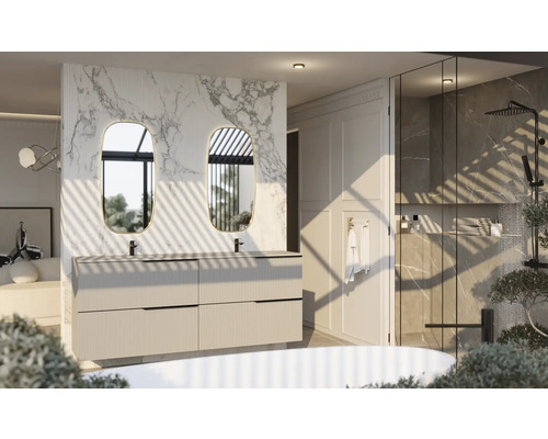 Salle de bains avec meuble-lavabo double vasque, miroirs ovales et douche à l''italienne