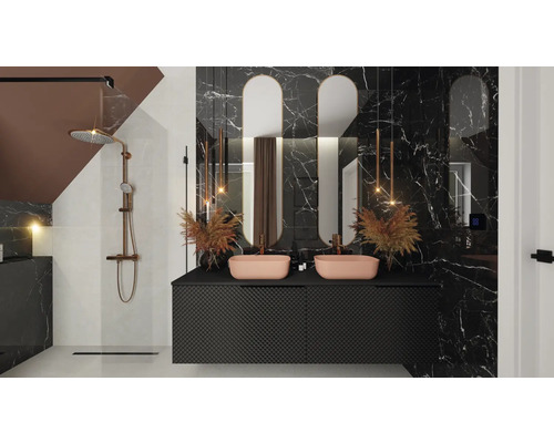 Salle de bain avec double vasque, robinets, miroirs et douche