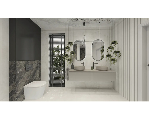 Salle de bain moderne avec lavabo, miroirs et toilettes