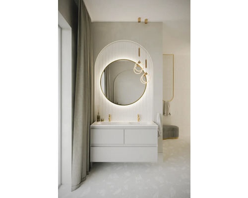 Salle de bains moderne avec double vasque, miroir rond avec éclairage et rideau