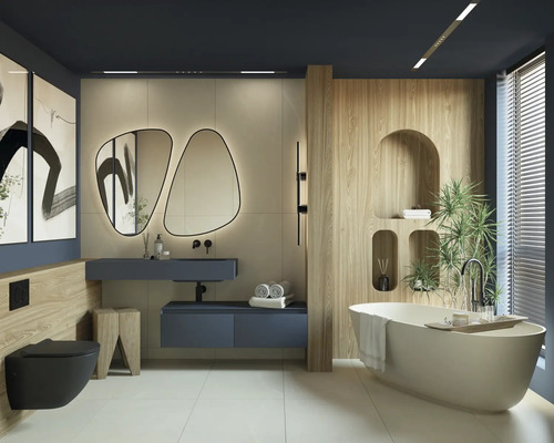 Salle de bains moderne avec baignoire îlot, lavabo, miroir et toilettes.