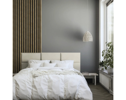 Coussin mural velours cotelé beige clair aspect textile 30 x 60 cm Chambre avec lit, table de chevet et lambris
