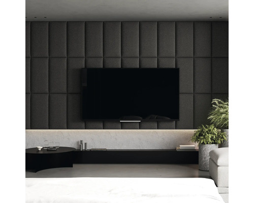 Coussin mural bouclé gris foncé aspect textile 30 x 60 cm Salon moderne avec mur capitonné, télévision et mobilier minimaliste