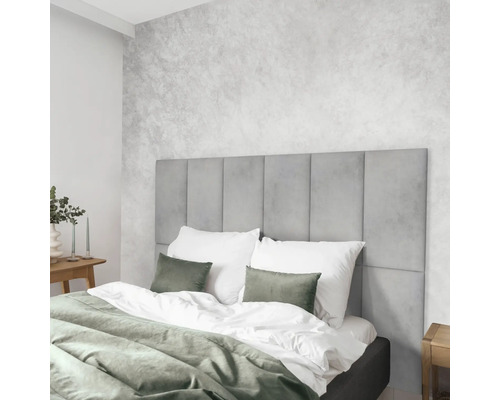 Wandkissen Print Beton grau Samt-Optik 30 x 60 cm Schlafzimmer mit Bett, gepolstertem Kopfteil und dekorativer Wandgestaltung