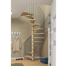Scène d''intérieur avec un escalier en colimaçon en bois avec une balustrade en métal.
