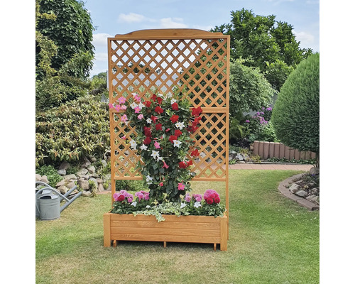 Holzpflanzkasten mit Rankgitter und blühenden Pflanzen im Garten