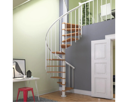 Aménagement intérieur avec escalier en colimaçon en métal et en bois.