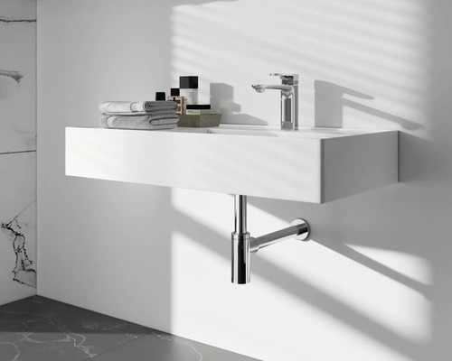 Modernes Badezimmer mit Aufsatzwaschbecken, Armatur und Siphon