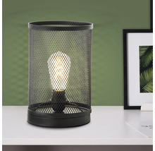 Lampe de table en treillis métallique noir avec ampoule.