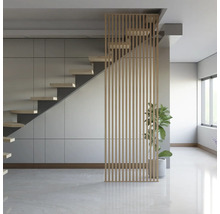 Pièce claire avec escalier, paroi à lamelles en bois et plante d''intérieur