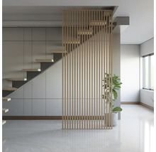 Pièce lumineuse avec escalier, paroi à lamelles de bois et plante d''intérieur