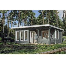 Abri de jardin moderne en bois avec toit plat, fenêtres et barbecue à l''extérieur.
