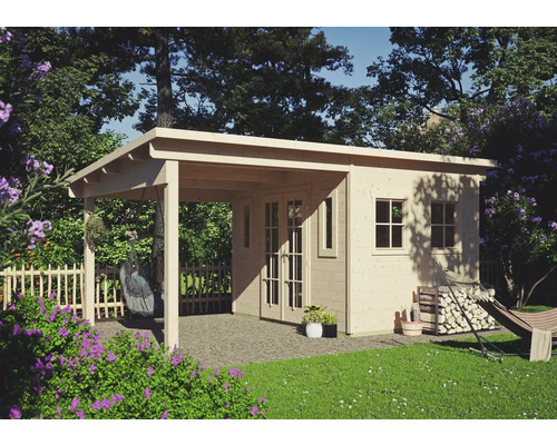 Abri de jardin SKAN HOLZ Dilbeek avec plancher, auvent 553 x 380 cm naturel Jardin avec cabane de jardin en bois et terrasse couverte