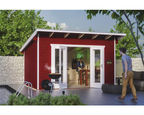 Abri de jardin SKAN HOLZ Ostende avec plancher 440 x 380 cm rouge de Falun Abri de jardin avec barbecue, piscine et personne