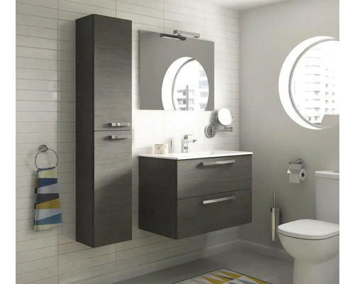 Modernes Badezimmer mit Waschbeckenunterschrank, Spiegelschrank, Hochschrank und Toilette.