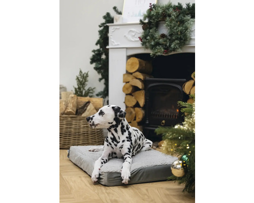 Dalmatien couché sur un lit pour chien devant une cheminée et des décorations de Noël