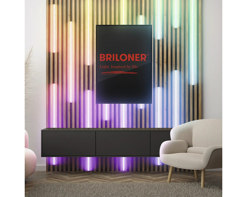 Modernes Wohnzimmer mit Holzpaneelwand und LED-Beleuchtung, darauf ein schwarzer TV-Schrank mit Unterbeleuchtung und ein Briloner Logo.