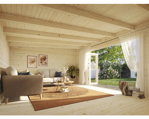 Intérieur lumineux d''une maison en bois avec des meubles et une vue sur le jardin