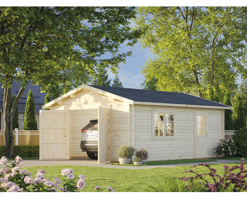 Garage simple Palmako Roger 23,9 m² avec porte en bois 450 x 550 cm naturel