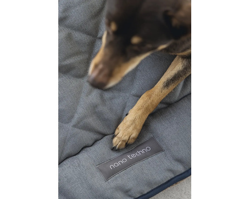 Hund liegt auf einem grauen Hundebett mit dem Aufdruck Nano Techno