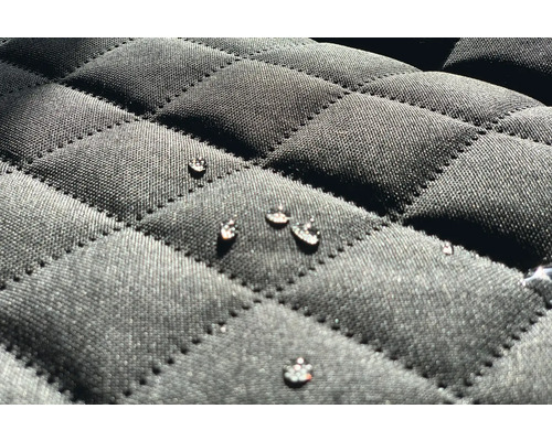 Detailaufnahme einer wasserabweisenden, gesteppten Textilie mit Wassertropfen