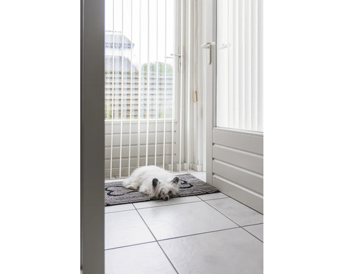 Hund liegt auf einer Fußmatte in Knochenform vor einer Terrassentür mit Sicherheitsgitter
