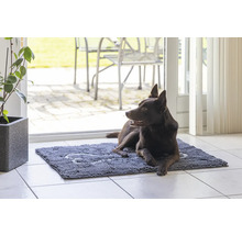 Un chien marron est allongé sur un paillasson avec un motif d''os à l''intérieur devant une porte de terrasse.