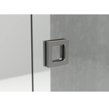 Quadratischer Türgriff aus Metall an einer Glastür