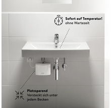 Unterputz-Warmwasserbereiter unter Waschbecken mit Symbolen für sofortige Temperatur und platzsparendes Design