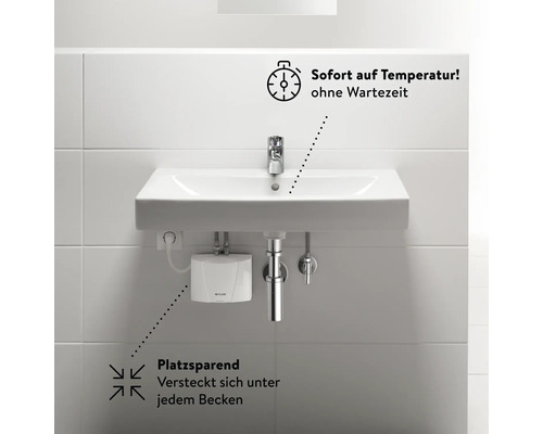 Unterputz-Warmwasserbereiter unter Waschbecken mit Symbolen für sofortige Temperatur und platzsparendes Design