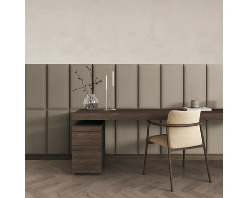 Coussin mural velours cotelé beige foncé aspect textile 30 x 60 cm Bureau lumineux avec bureau, chaise, objets de décoration et panneaux muraux